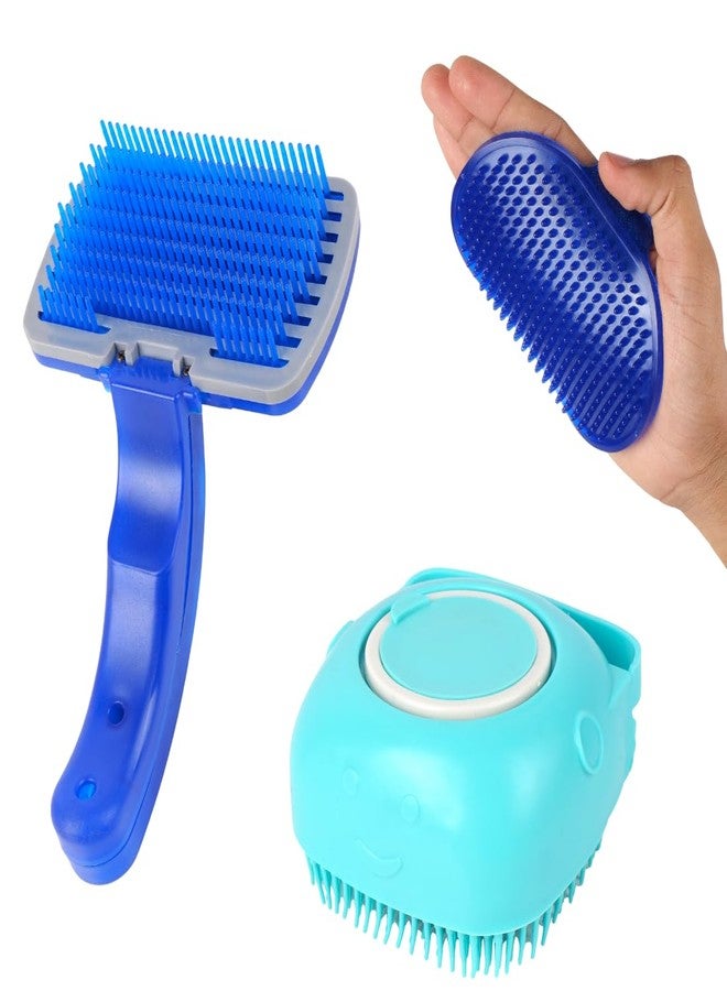 مجموعة فرش تنظيف الحيوانات الأليفة، عبوة من 3 فرش احترافية للكلاب بشعيرات سيليكون ناعمة، تصميم أزرق وفيروزي ذاتي التنظيف للكلاب (عبوة من 3 قطع) - Image 1